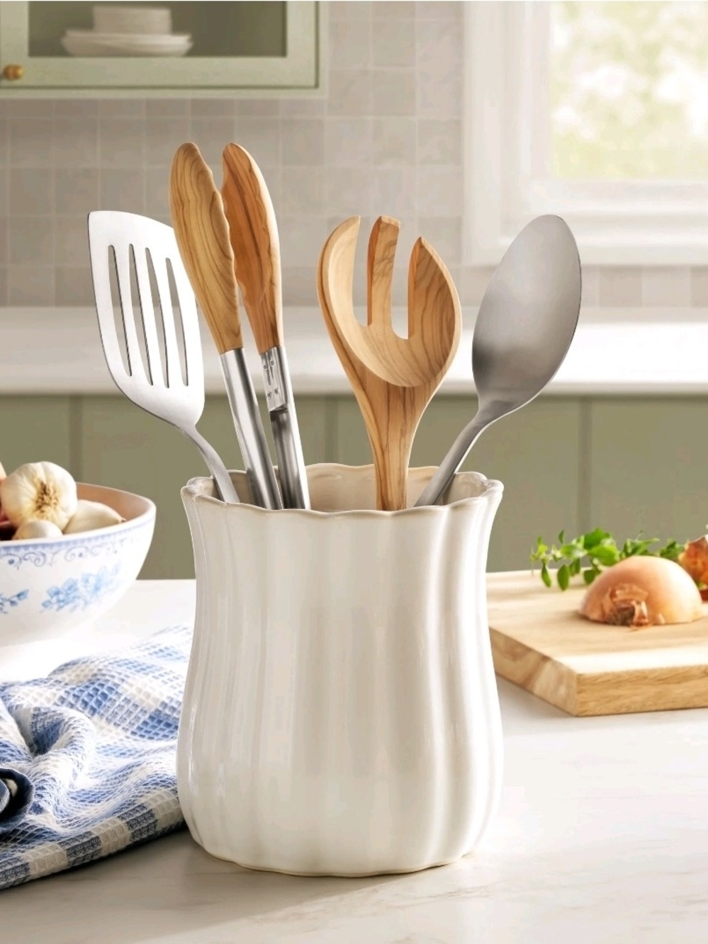 Neutral Ceramic Utensil Holder with Wooden and Stainless Tools